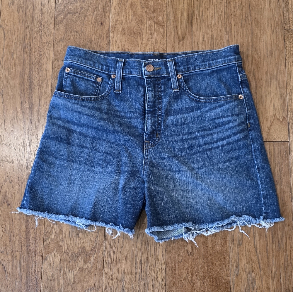 J Crew High Rise 5 Pocket Indigo Denim Cutoff Jean Shorts w/ Whiskering. 28